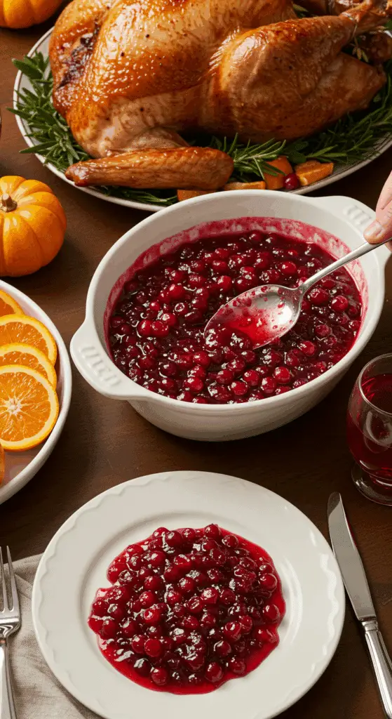 A bowl of homemade Cranberry-Orange Sauce being served as part of a beautiful Thanksgiving dinner.