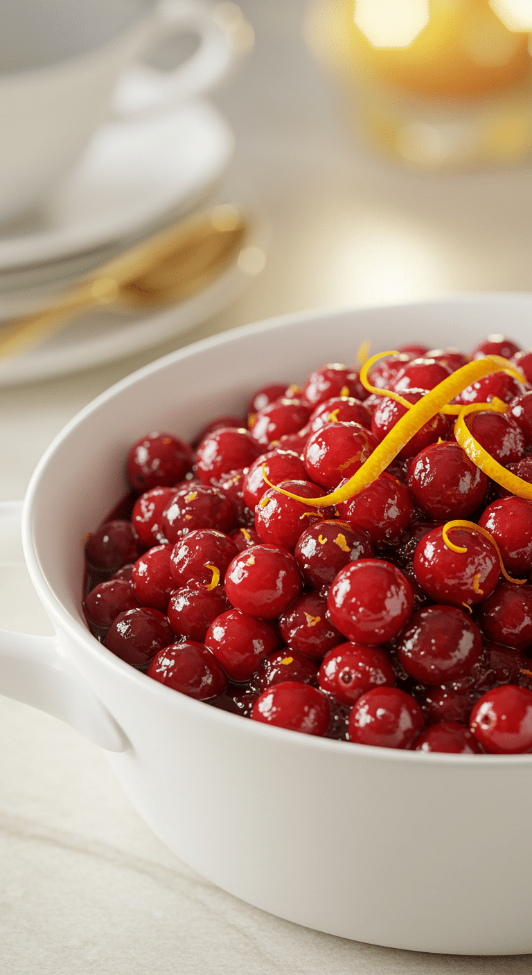 A beautiful bowl of homemade, vibrant, ruby-red Cranberry-Orange Sauce with a festive garnish.