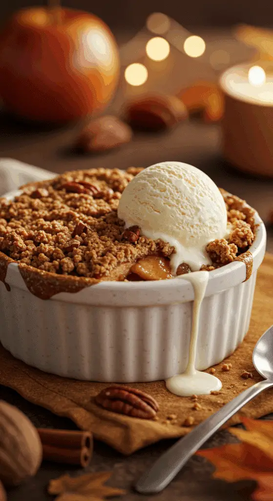 A warm, golden-brown homemade Individual Apple Crisp in a ramekin with a scoop of melting vanilla ice cream.