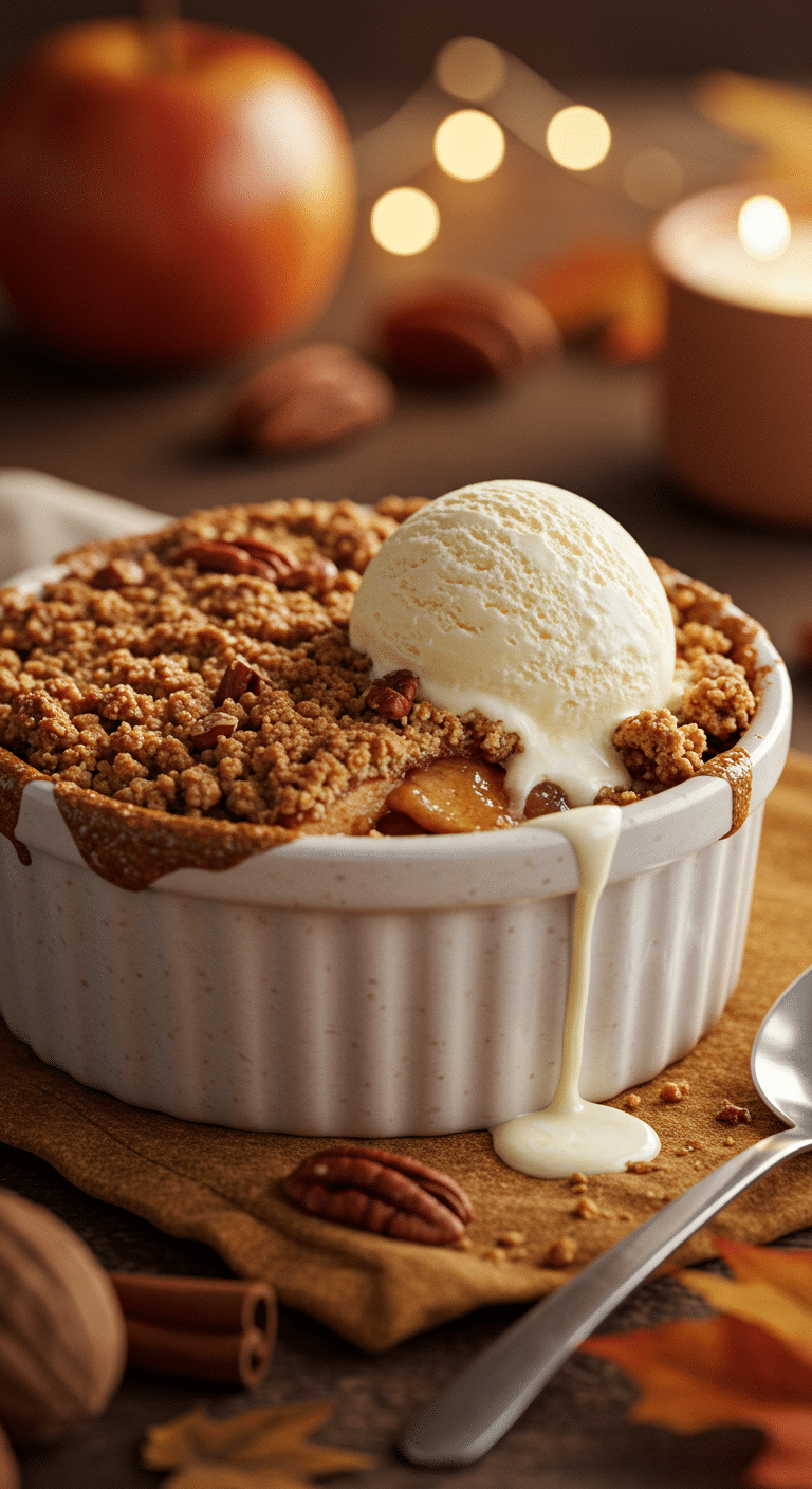 A warm, golden-brown homemade Individual Apple Crisp in a ramekin with a scoop of melting vanilla ice cream.