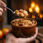 A person's hands holding a warm, personal-sized ramekin of homemade Apple Crisp.