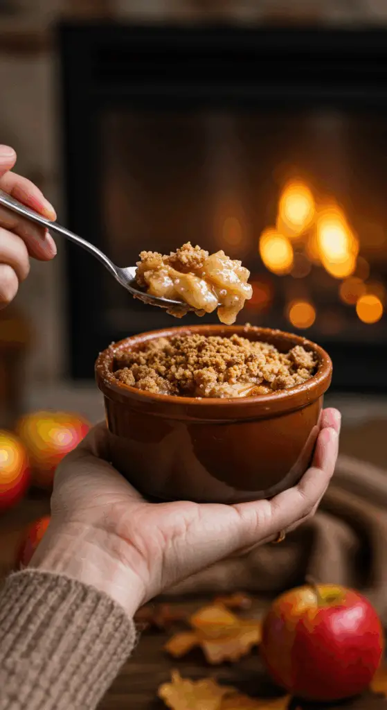 A person's hands holding a warm, personal-sized ramekin of homemade Apple Crisp.