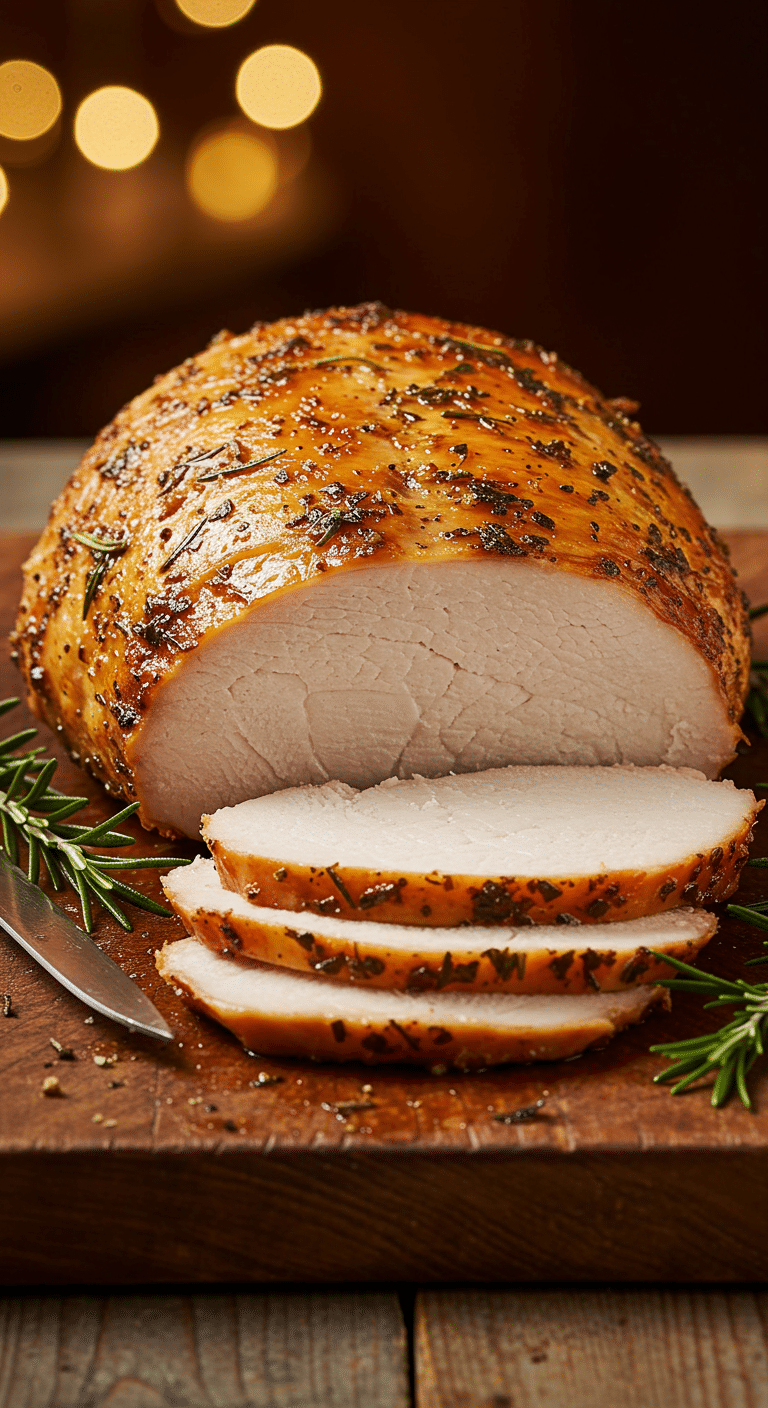A stunning, perfectly golden-brown and juicy Herb-Roasted Turkey Breast on a carving board with a few slices cut.