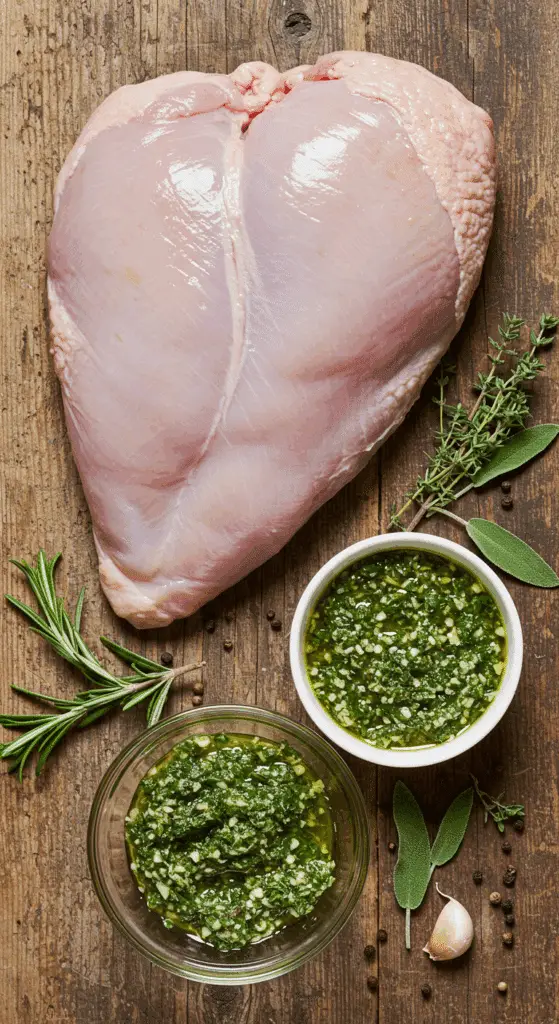 The fresh, simple ingredients for the Herb-Roasted Turkey Breast recipe, including a fresh herb paste.