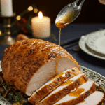The beautiful, carved Herb-Roasted Turkey Breast being served as the centerpiece of an elegant holiday dinner.