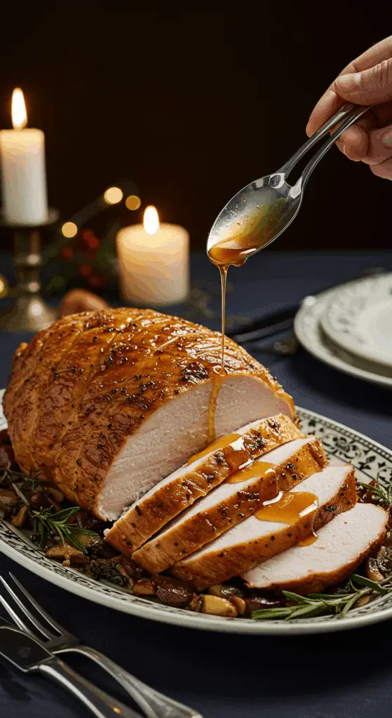 The beautiful, carved Herb-Roasted Turkey Breast being served as the centerpiece of an elegant holiday dinner.
