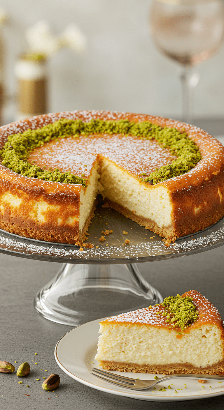 A beautiful, elegant, homemade Orange Ricotta Cheesecake on a cake stand with a perfect, light and airy slice removed.