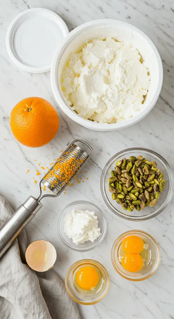 The simple, fresh ingredients for the from-scratch, elegant Orange Ricotta Cheesecake recipe.