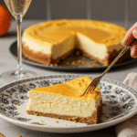 An elegant slice of homemade Orange Ricotta Cheesecake being served with a fork at a dinner party.