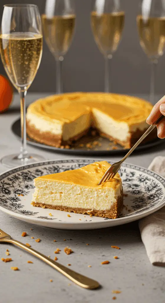 An elegant slice of homemade Orange Ricotta Cheesecake being served with a fork at a dinner party.