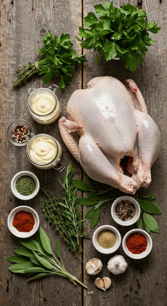 The simple, classic ingredients for the Juicy Mayo Roasted Turkey recipe.