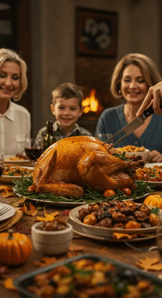 The beautiful, finished roasted turkey as the centerpiece of a happy Thanksgiving dinner table.