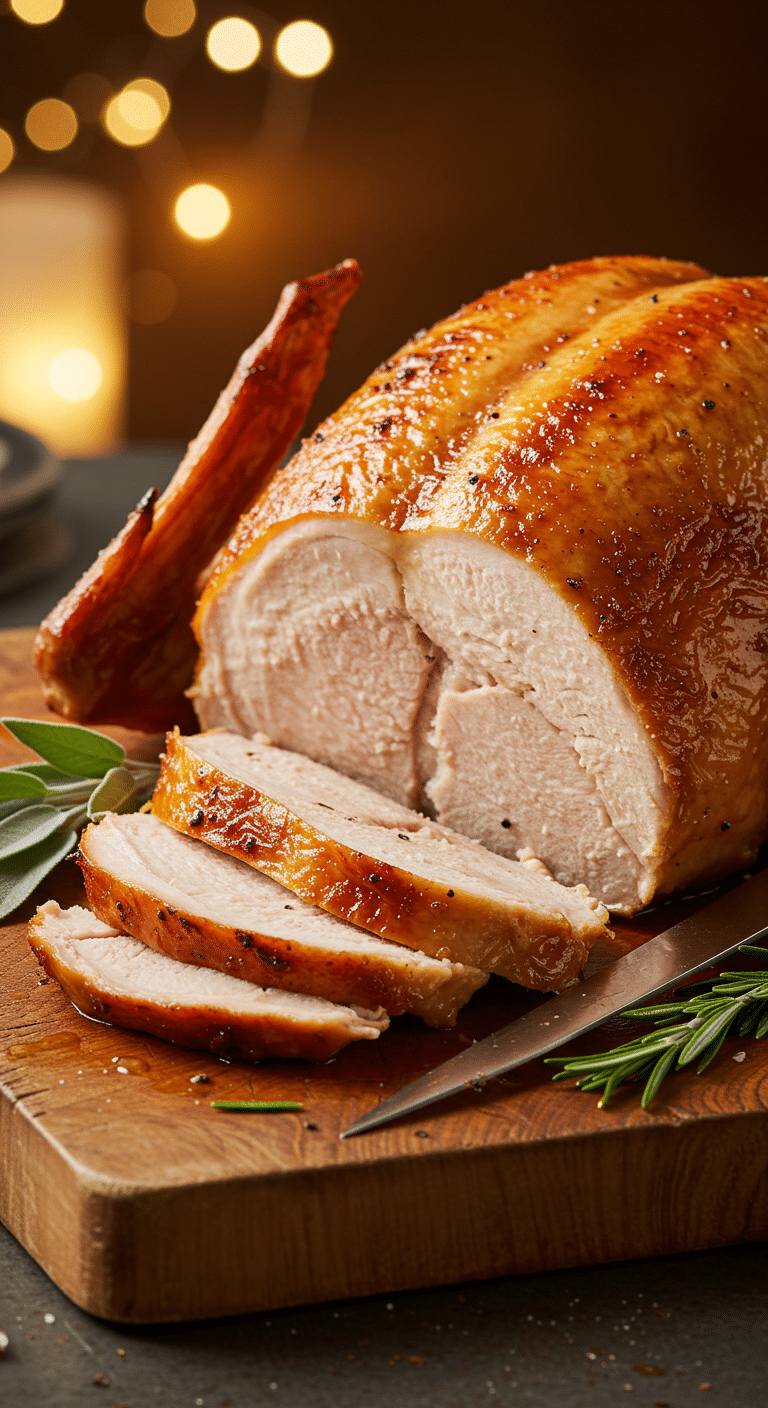 A stunning, perfectly golden-brown and juicy roasted turkey on a carving board, ready for a holiday feast.