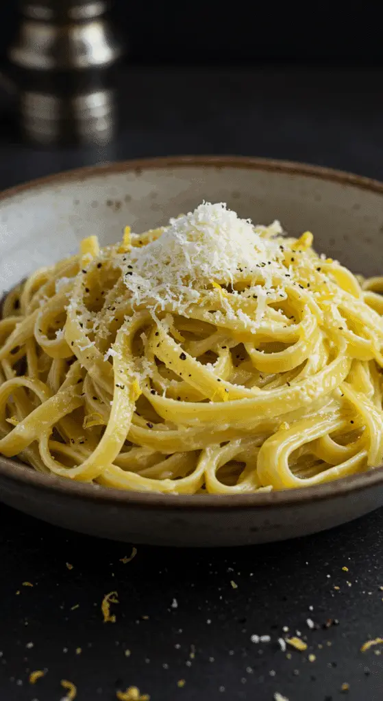 A beautiful, rustic bowl of homemade, creamy Lemon-Pepper Fettuccine, garnished with grated Pecorino and fresh black pepper.