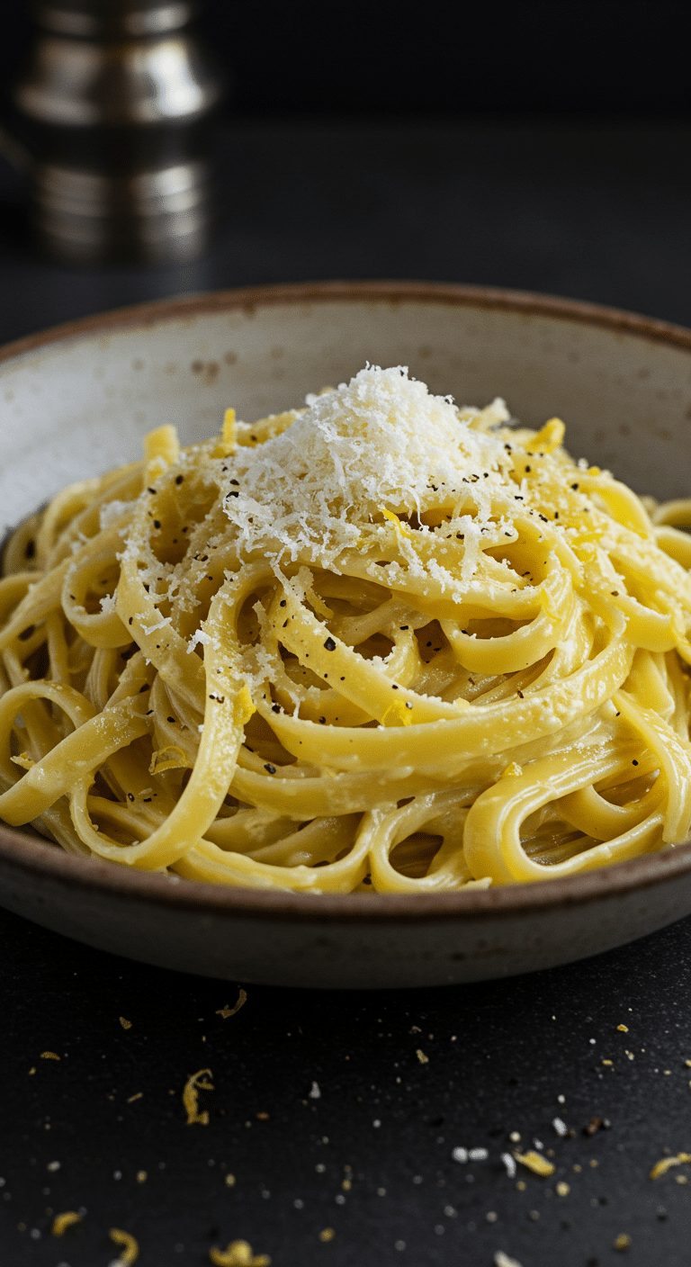 A beautiful, rustic bowl of homemade, creamy Lemon-Pepper Fettuccine, garnished with grated Pecorino and fresh black pepper.