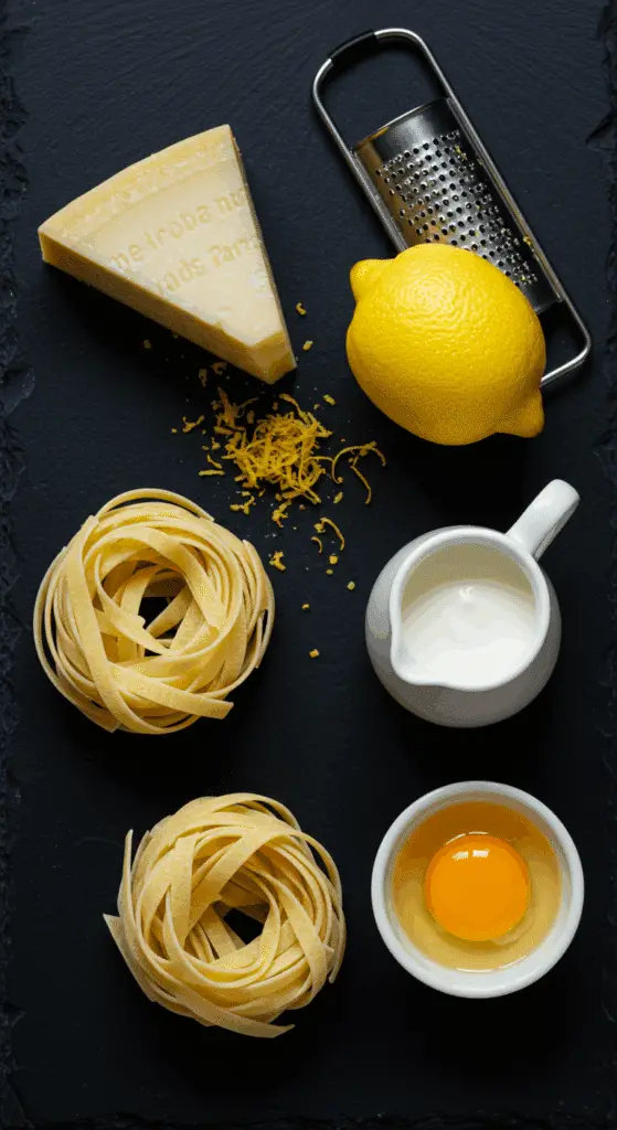The simple, elegant ingredients for the from-scratch, easy and creamy Lemon-Pepper Pasta recipe.