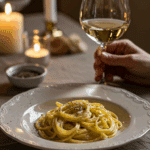 An elegant bowl of homemade, creamy Lemon-Pepper Pasta being served at a sophisticated dinner party.