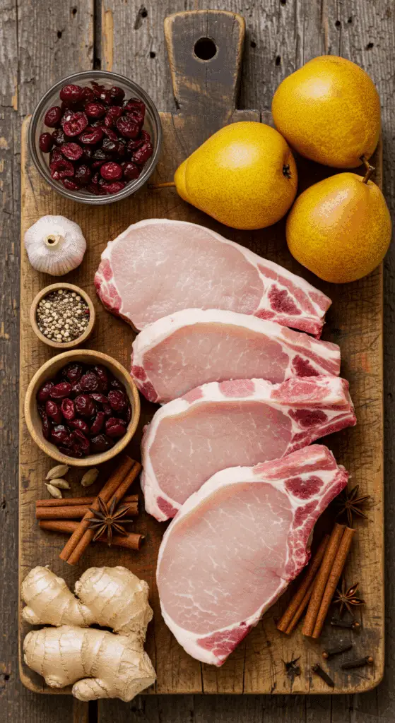 The fresh, from-scratch ingredients for the classic Pork Chops and homemade Pear Chutney recipe.