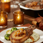 A beautiful plate of homemade Pork Chops with a generous portion of Pear Chutney, served with roasted Brussels sprouts for a healthy meal.