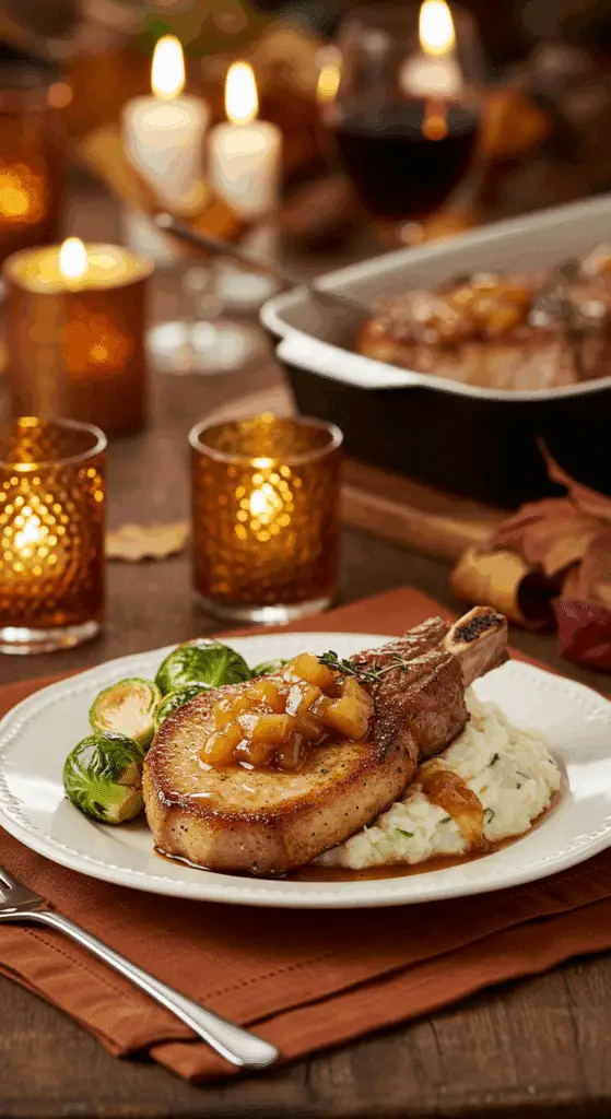 A beautiful plate of homemade Pork Chops with a generous portion of Pear Chutney, served with roasted Brussels sprouts for a healthy meal.