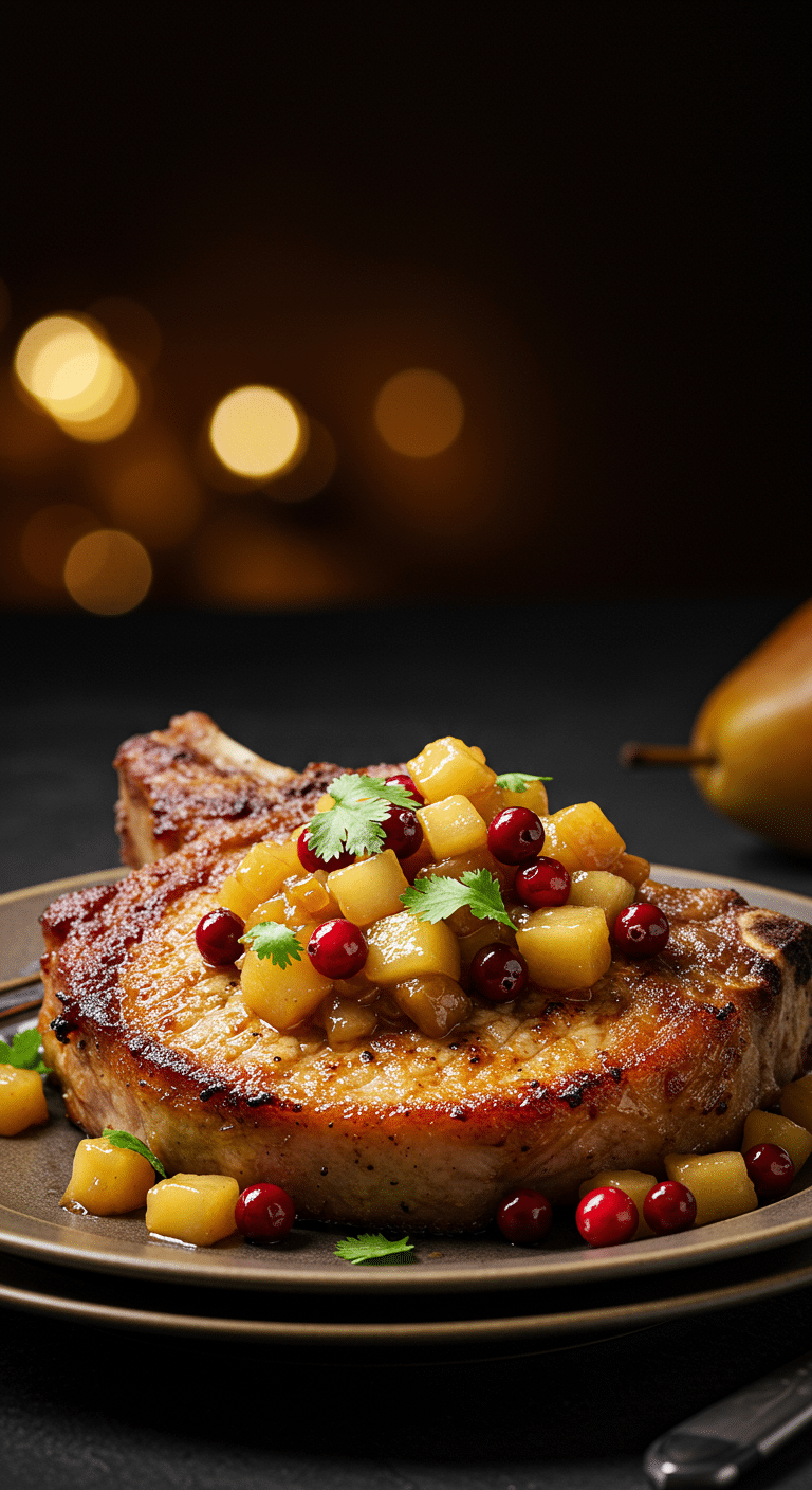 A beautiful, golden-brown, juicy, pan-seared Pork Chop on a plate, topped with a generous portion of chunky, homemade Pear Chutney