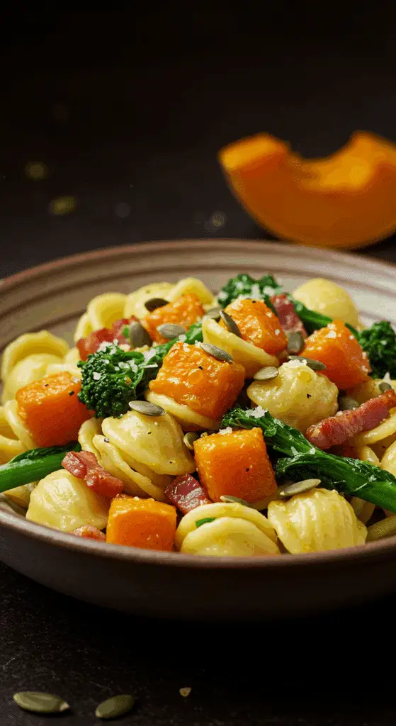 A beautiful, rustic bowl of homemade, savory Pumpkin and Pancetta Pasta with orecchiette and broccoli rabe.