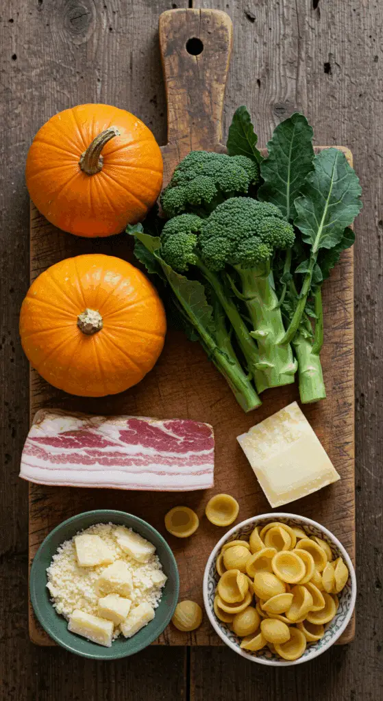 The fresh, from-scratch ingredients for the classic, savory Pumpkin and Pancetta Pasta with broccoli rabe.