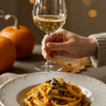 An elegant bowl of homemade, creamy Pumpkin and Pancetta Pasta being served at a sophisticated fall dinner party.