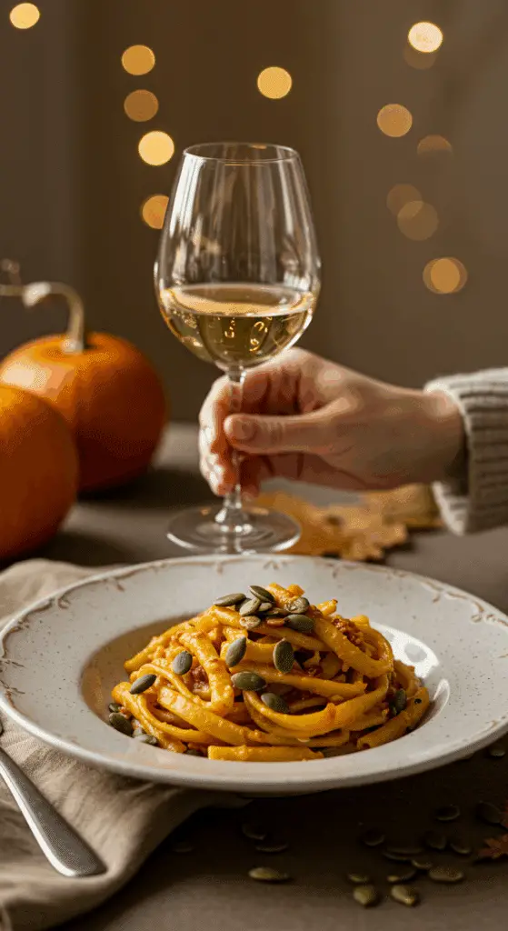 An elegant bowl of homemade, creamy Pumpkin and Pancetta Pasta being served at a sophisticated fall dinner party.