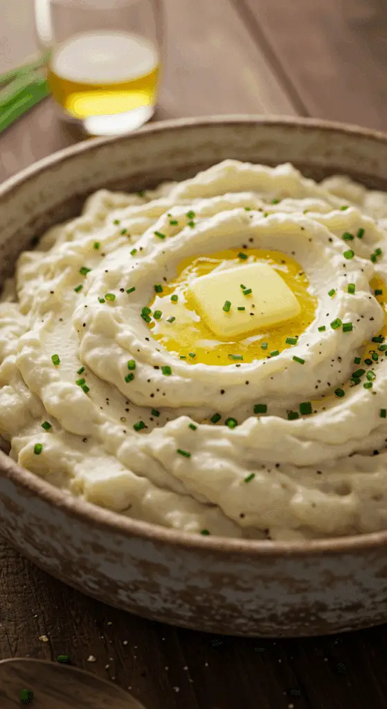 A large, rustic bowl of impossibly smooth and creamy, Perfect Mashed Potatoes with a pat of melting butter on top.