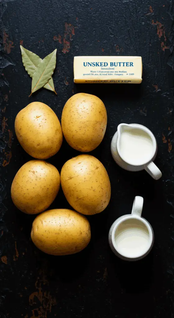 The simple, high-quality ingredients for the Creamy Mashed Potatoes recipe: Yukon Gold potatoes, butter, and cream.