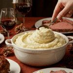 Serving a large, creamy scoop of the elegant mashed potatoes at a festive holiday dinner.