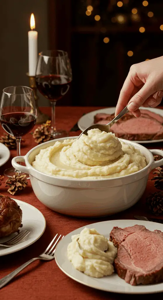 Serving a large, creamy scoop of the elegant mashed potatoes at a festive holiday dinner.