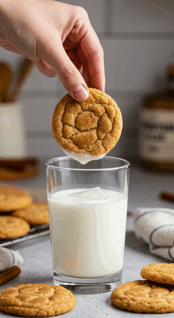 A hand dunking a warm, homemade Snickerdoodle cookie into a tall, cold glass of milk.