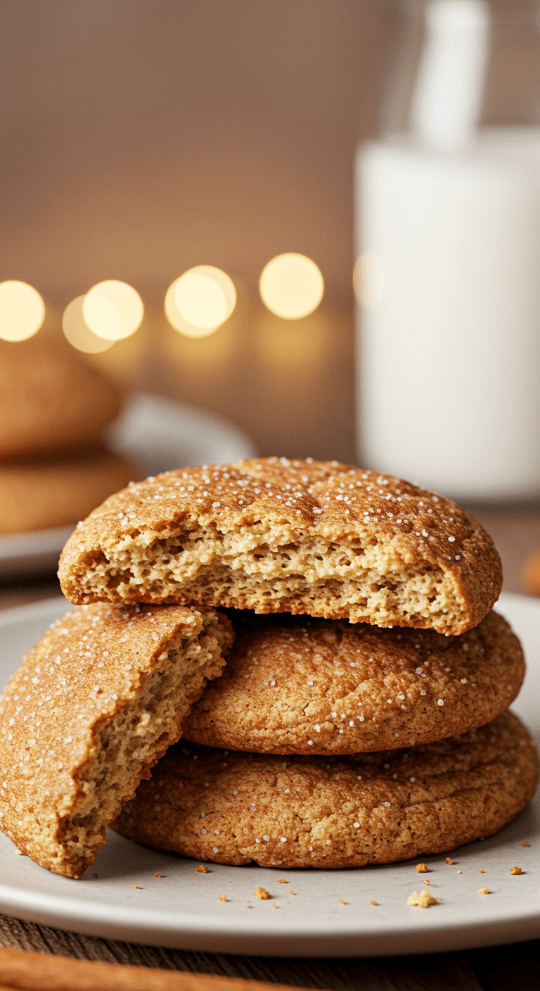 A beautiful stack of three perfect, homemade, soft and chewy Snickerdoodle cookies with a crackly cinnamon-sugar top.