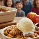 A warm bowl of Sheet-Pan Apple Crumble with a scoop of vanilla ice cream being enjoyed at a party.