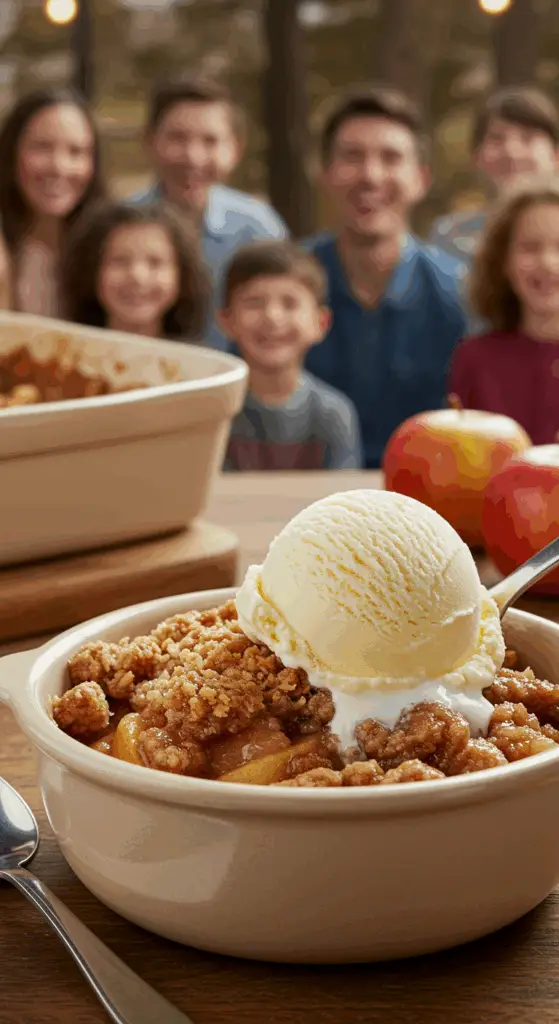 A warm bowl of Sheet-Pan Apple Crumble with a scoop of vanilla ice cream being enjoyed at a party.