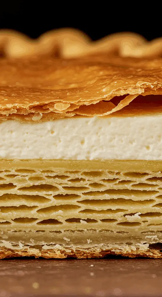 An ultra-close-up, macro shot of the incredibly flaky and layered, golden-brown bottom of a homemade pie crust.