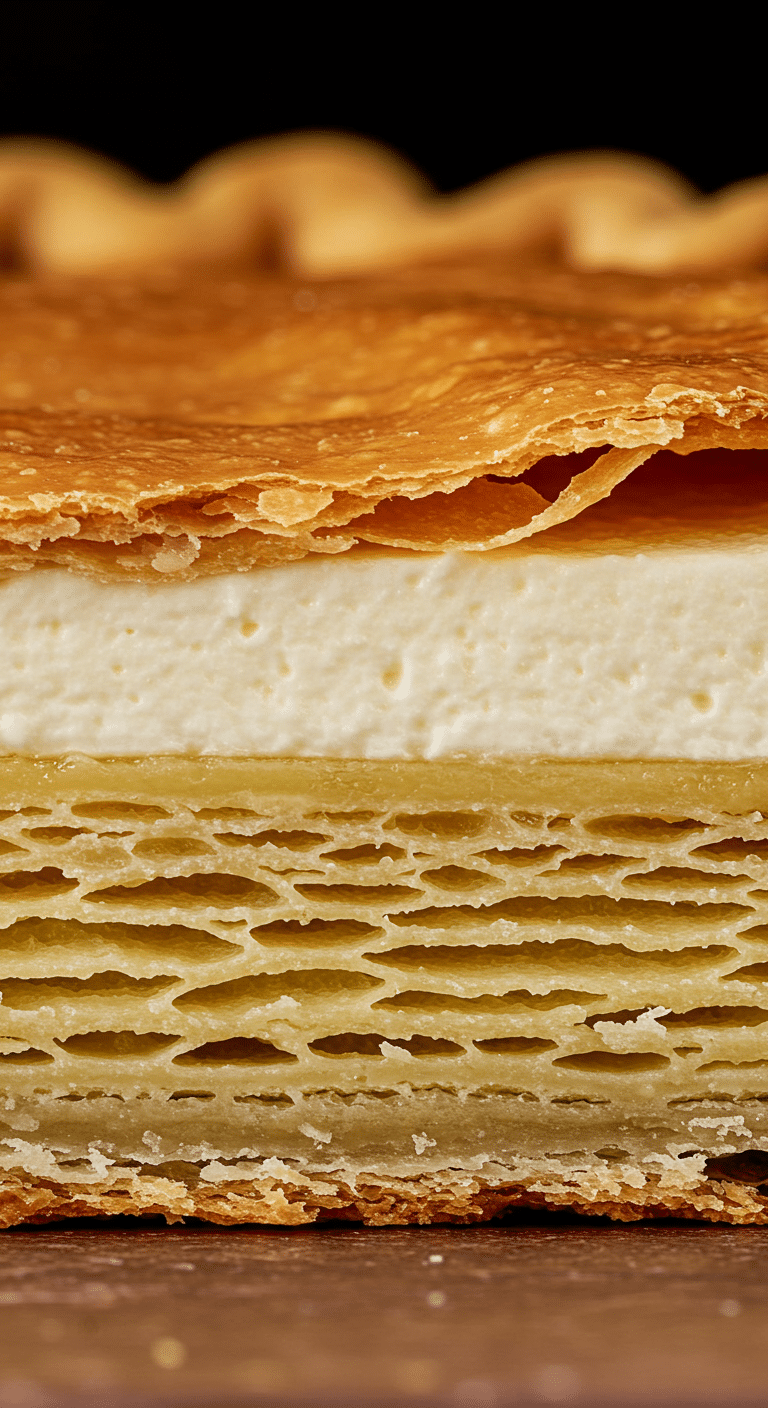 An ultra-close-up, macro shot of the incredibly flaky and layered, golden-brown bottom of a homemade pie crust.