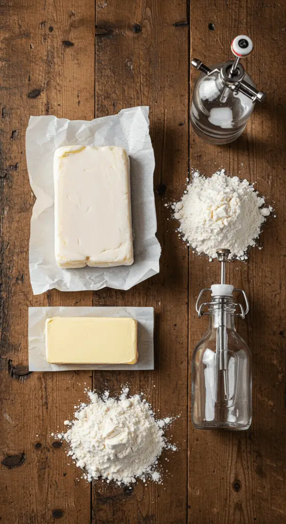 The simple, old-fashioned ingredients for a flaky homemade pie crust: flour, cold butter, lard, and a spritz bottle of ice water.