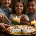 Slicing into a beautiful, homemade lemon meringue pie with a perfect, flaky crust at a festive holiday dinner.