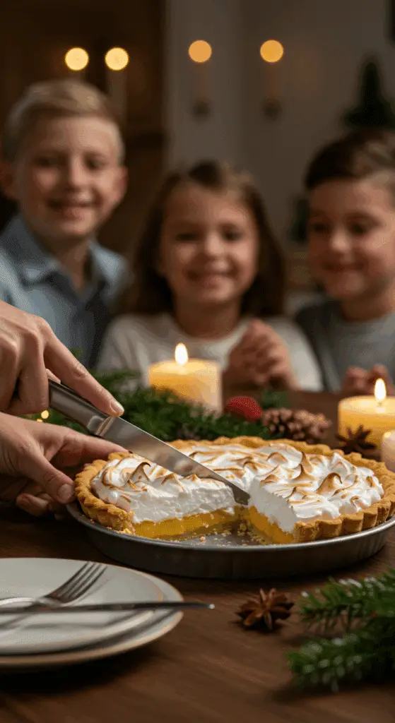 Slicing into a beautiful, homemade lemon meringue pie with a perfect, flaky crust at a festive holiday dinner.