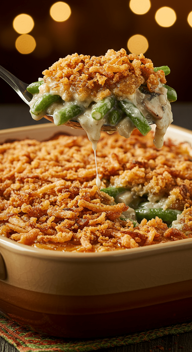 A beautiful, golden-brown, from-scratch Green Bean Casserole with a thick, crispy homemade onion topping.