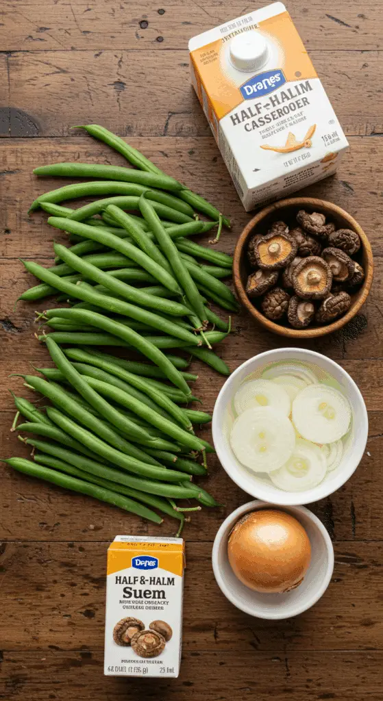 The fresh, from-scratch ingredients for the gourmet Green Bean Casserole recipe.