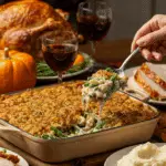 Serving a large, delicious scoop of from-scratch Green Bean Casserole at a happy Thanksgiving dinner.