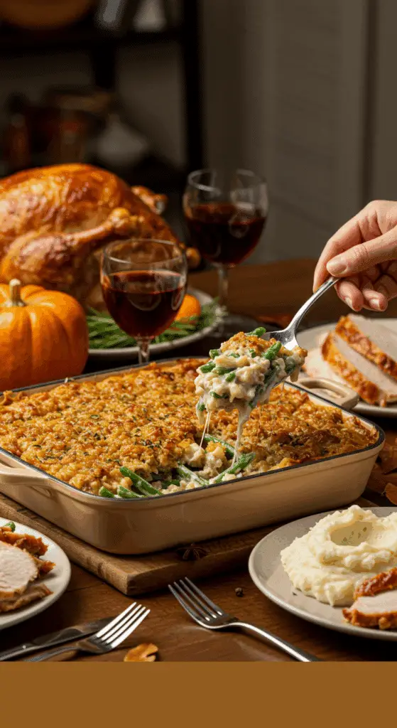 Serving a large, delicious scoop of from-scratch Green Bean Casserole at a happy Thanksgiving dinner.