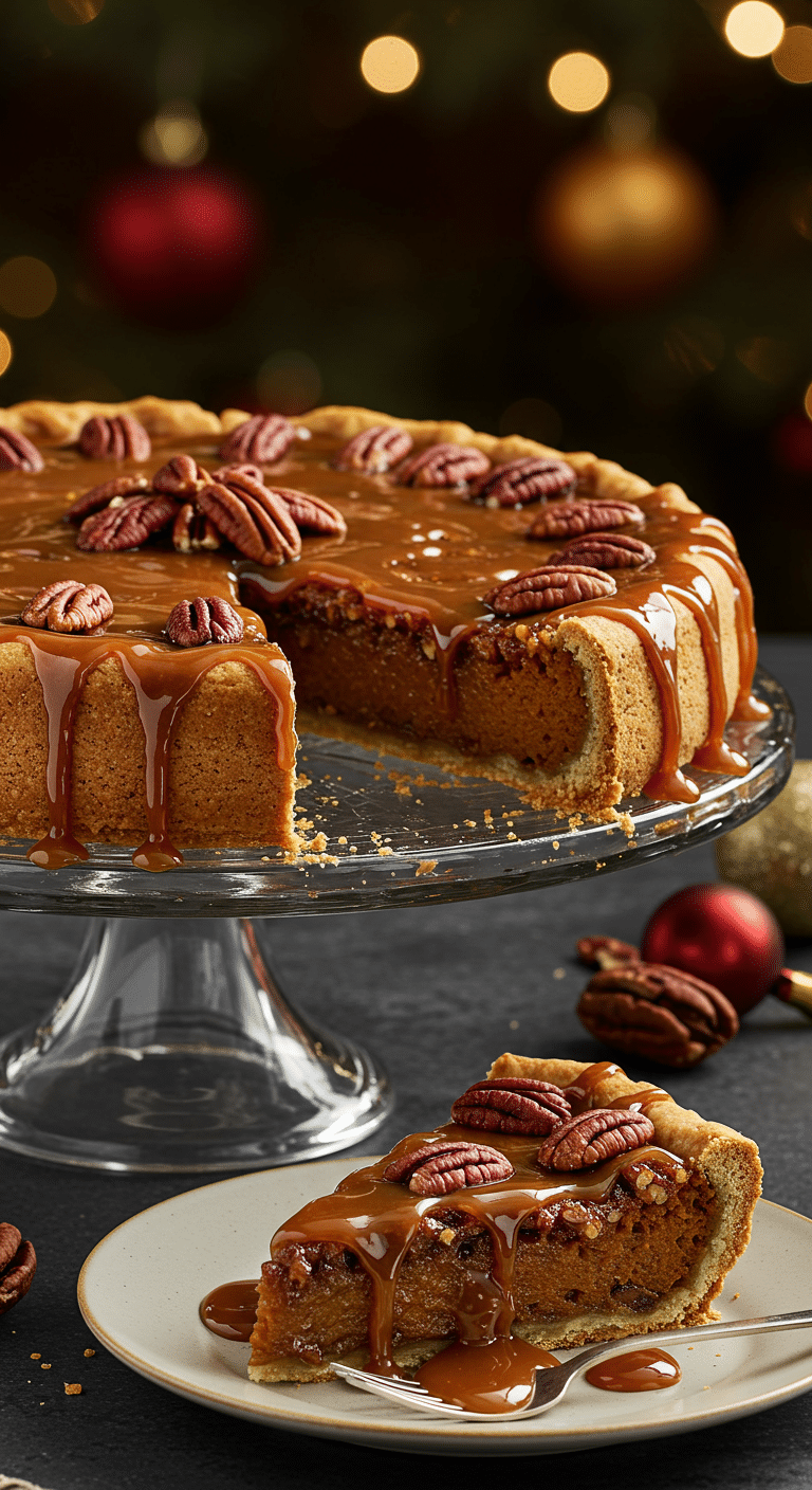 A beautiful, glossy, homemade Sticky-Toffee Pecan-Pumpkin Pie on a cake stand with a perfect slice removed.