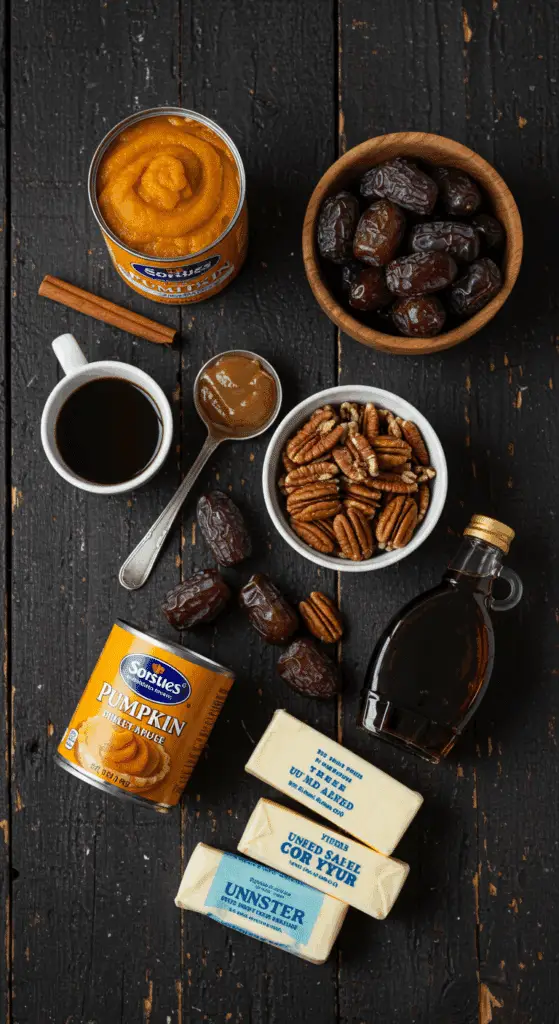 The decadent, from-scratch ingredients for the unique Sticky-Toffee Pecan-Pumpkin Pie recipe.