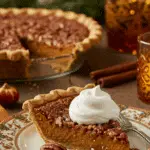 A perfect slice of homemade Sticky-Toffee Pecan-Pumpkin Pie with a dollop of whipped cream being served for a holiday dessert.