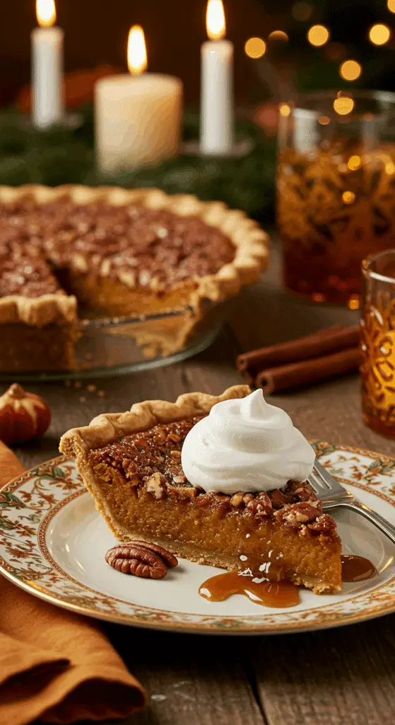 A perfect slice of homemade Sticky-Toffee Pecan-Pumpkin Pie with a dollop of whipped cream being served for a holiday dessert.